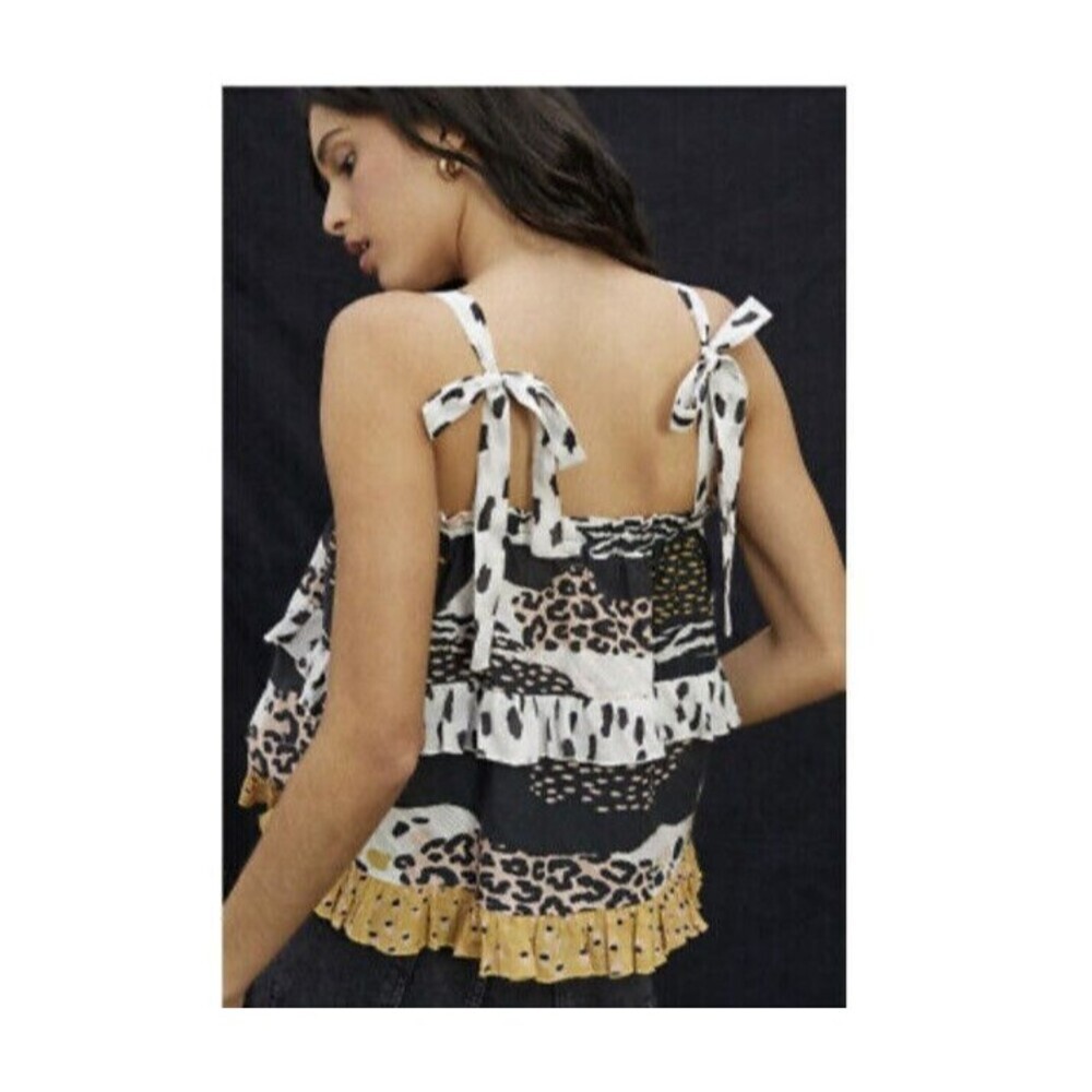 ANTHROPOLOGIE Conditions Apply Size Small Ruffle Tie-Strap Tank Top Animal Print